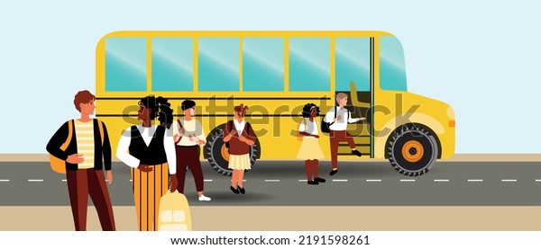 Queue for boarding school bus,\
flat vector stock illustration with children outside\
transport