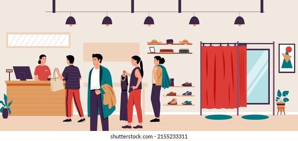 Queue at boutique. Fashion showroom checkout with line of customers with trendy clothes. Vector cashier at clothing store illustration. Boutique retail and store, shop queue buyer