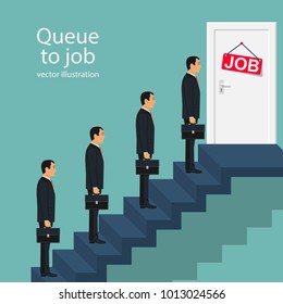 Queue businessmen standing in front of the door on stairs. Job search. Competition for place at work. Business people. Vector illustration flat design. Isolated on background. Selection of employees.