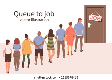 Empresarios de cola parados frente a la puerta. Búsqueda de empleo. Competencia por el lugar de trabajo. Empresarios. Diseño plano de ilustración vectorial. Aislado en segundo plano. Selección de empleados.