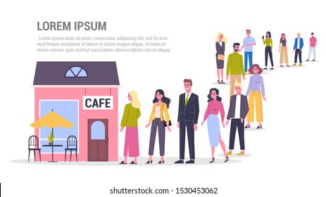 Queue To The Cafe. People Standing And Waiting In Line. Crowd At The Restaurant. Flat Vector Illustration