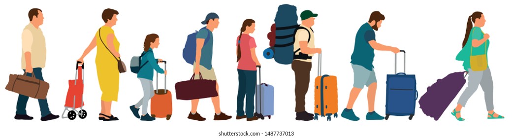 Queue for check-in at the airport. Many tourists with suitcases. Crowd of people stand in line for tickets at the station. Vector illustration