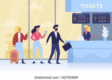Queue to the check-in in the airport. People with luggage walking through the security. Group of tourist wait in line. Vector illustration in cartoon style