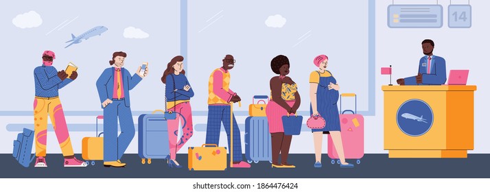 Queue to check-in or passport control, passengers with luggage near registration desk. Line of men and women waiting for check in terminal international airport. Vector illustration.