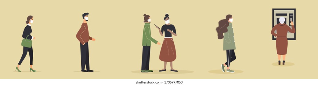 Queue of clients to receive cash at teller machine in bank during epidemic of virus.Customers in protective medical masks who waiting in line at safe distance for access to an ATM.Vector illustration