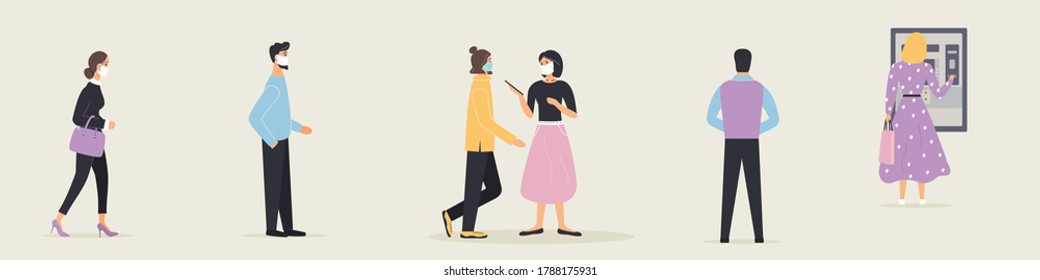 Queue of clients to receive cash at teller machine in bank during epidemic of virus.Customers in protective medical masks who waiting in line at safe distance for access to an ATM.Vector illustration