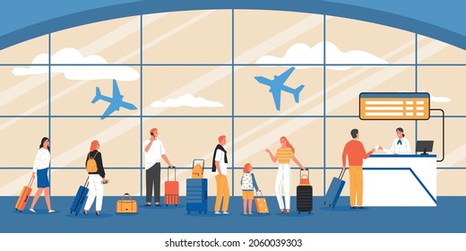 Queue composition with airport scenery silhouettes of flying airplanes and passengers with suitcases standing in line vector illustration