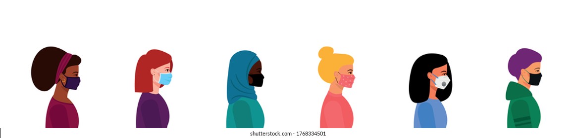 The queue consists of girls of various nationalities and different skin and hair colors. Persons in medical and fabric masks, respirators. Social distance during the coronavirus pandemic.