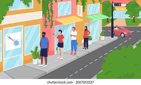 Queue At Covid Vaccination Centre Flat Color Vector Illustration. Providing People With Vaccine. Gaining Immunization. Local Residents 2D Cartoon Characters With Summer City Street On Background