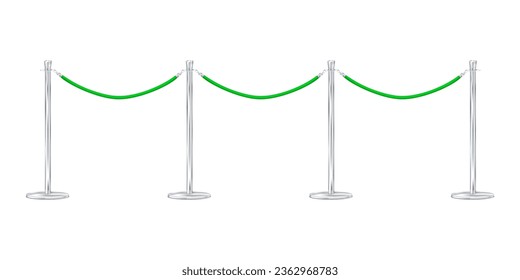 Queue, crowd control barrier isolated on white background realistic vector illustration. Green velvet rope retractable stanchion mockup for design