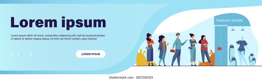 Queue of customers standing for sale at boutique window. People waiting for outlet opening at shop entrance. Vector illustration for fashion store, consumerism, special offer event concept