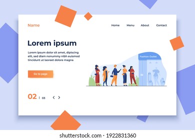 Queue of customers standing for sale at boutique window. People waiting for outlet opening at shop entrance. Vector illustration for fashion store, consumerism, special offer event concept