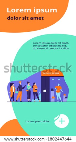 Queue of customers standing for sale at boutique window. People waiting for outlet opening at shop entrance. Vector illustration for fashion store, consumerism, special offer event concept