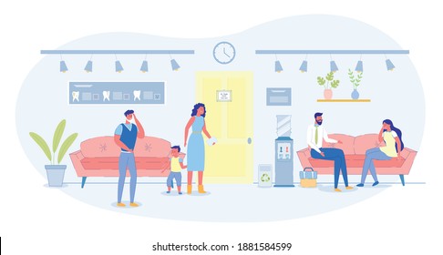 Queue to Dentist Hospital Office for Consultation and Treatment. Patients with Toothache. Man, Mother with Little Son Child. Woman with Flux Talking to Businessman. Vector Flat Cartoon Illustration