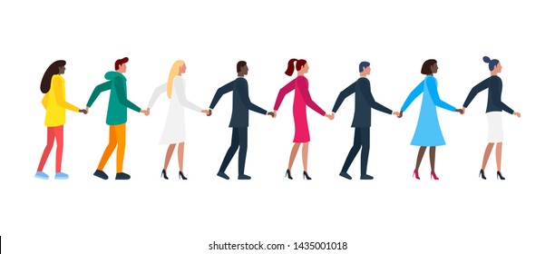 Queue of different men and women holding hands. Flat male and female friendship cartoon characters standing in row together. Vector illustration
