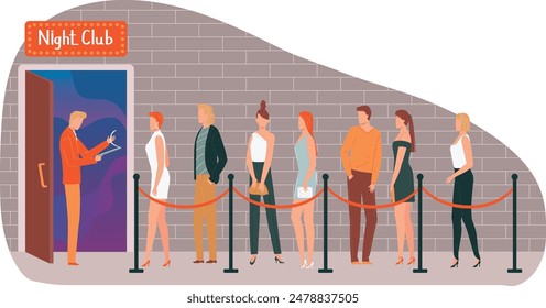 Queue diverse people waiting outside nightclub entrance, bouncer checking list. Men women evening attire, brick wall background, nightlife scene. Flat design illustration queue club door