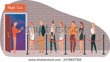 Queue diverse people waiting outside nightclub entrance, bouncer checking list. Men women evening attire, brick wall background, nightlife scene. Flat design illustration queue club door