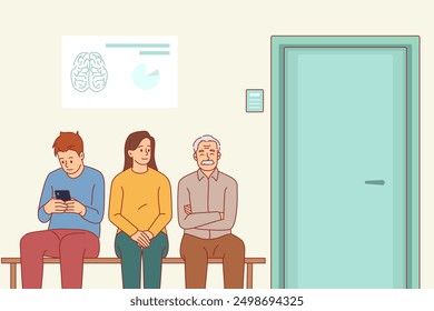 Queue at doctor office. People sitting, waiting for reception, patients in hospital, medical facility visit, sitting in row, corridor with seats cartoon flat style isolated vector concept