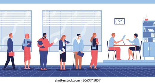 Queue documents composition with office indoor scenery and people standing in waiting line with sitting assistant vector illustration