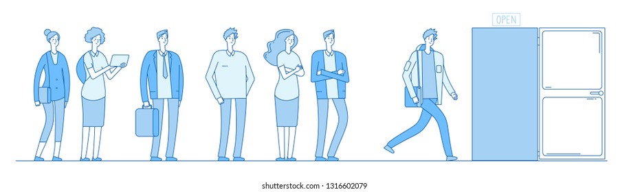 Queue At Door. Adult People Customers Group In Casual Clothes Standing In Long Line Queue Outside Open Door. Vector Concept