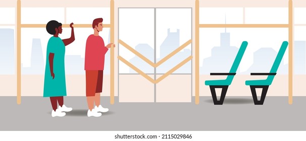 Queue to the door inside the passenger transport. Flat vector stock illustration. Multicultural people inside a passenger bus, train, trolleybus, tram in the city