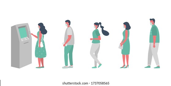 Queue during the coronovirus epidemic. People in medical masks stand in line at the ATM. Men and women keep their distance to stay safe. Vector illustration in flat style.