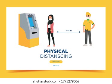 Queue during the coronovirus epidemic. People in medical masks stand in line at the ATM. Men and women keep their distance to stay safe. Vector illustration in flat style.