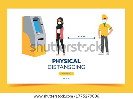 Queue during the coronovirus epidemic. People in medical masks stand in line at the ATM. Men and women keep their distance to stay safe. Vector illustration in flat style.
