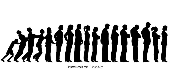 Queue Of Editable Vector People Silhouettes With Boy Pushing Them Like Dominoes