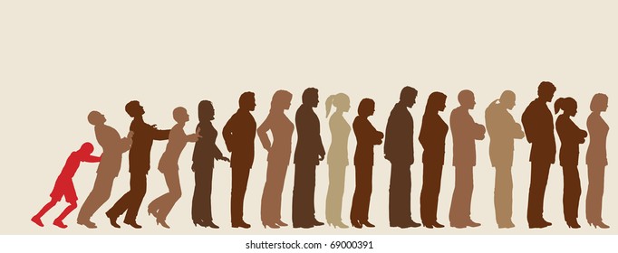 Queue of editable vector people silhouettes with impatient boy pushing them like dominoes