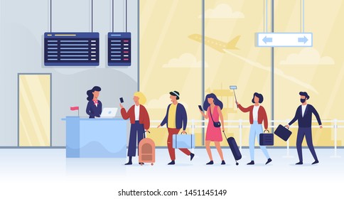 Queue To The Gate In The Airport. People With Luggage Walking Through The Security. Group Of Tourist Wait In Line. Vector Illustration In Cartoon Style