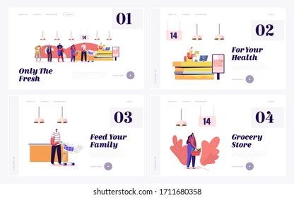 Queue in Grocery Landing Page Template Set. Customers Characters in Medical Masks Stand in Line with Goods Keep Distance Put Buys on Cashier during Covid19 Pandemic. Cartoon People Vector Illustration
