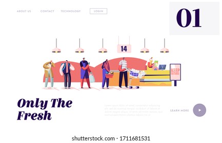 Queue In Grocery Landing Page Template. Customers Characters In Medical Masks Stand In Line With Goods Keeping Distance Put Buys On Cashier During Covid19 Pandemic. Cartoon People Vector Illustration