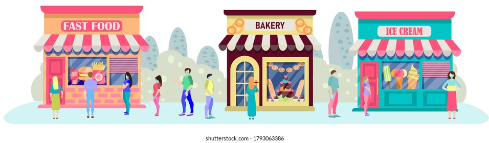 Queue for grocery stores. Pastry shop, fast food and ice cream. Social distance in the queue.Vector illustration in flat style. Banner