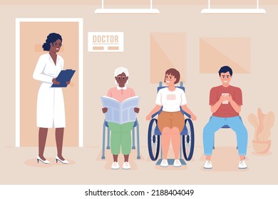 Cola en la sala del hospital de color plano ilustración vectorial. cita con el médico. Servicio de atención de la salud. Personajes de dibujos animados 2D totalmente editables con clínica de fondo. Fuente de Bebas Neue utilizada