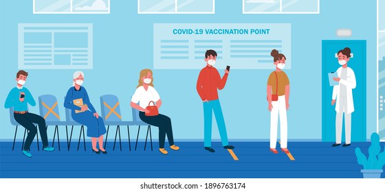 Queue in hospital with people in face mask and safe distance. Healthcare and medical concept. Vector illustration in cartoon style.