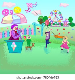 The queue for ice cream. Colorful illustration of a holiday with children. Amusement park. Ice cream seller.
