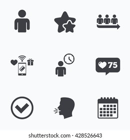 Queue icon. Person waiting sign. Check or Tick and time clock symbols. Flat talking head, calendar icons. Stars, like counter icons. Vector