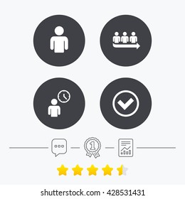 Queue icon. Person waiting sign. Check or Tick and time clock symbols. Chat, award medal and report linear icons. Star vote ranking. Vector