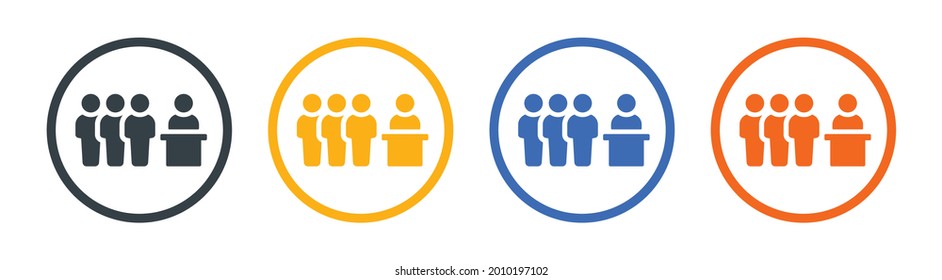 Queue icon sign. People standing and waiting in line in front of counter vector illustration.