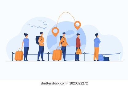 Queue of immigrants standing and holding luggage, waiting departure in airport. Group of tourists with globe, map pointers and destination line in background. For travel or immigration concept