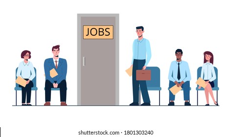 Queue for an interview. Business people want to get a job. Europeans and Africans. Unemployment, crisis, job search. Vector illustration, flat isolated. 