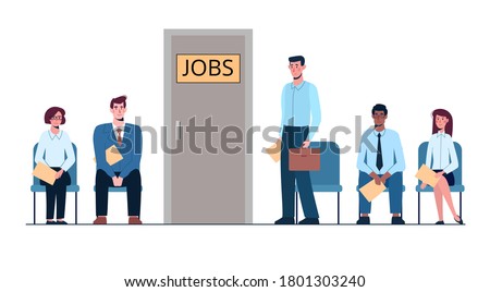 Queue for an interview. Business people want to get a job. Europeans and Africans. Unemployment, crisis, job search. Vector illustration, flat isolated. 
