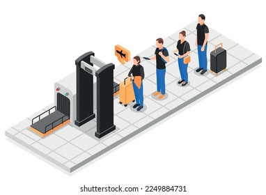 Queue isometric concept people standing in line in front of the metal detector frame at the airport vector illustration