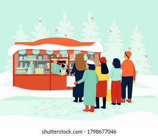 Queue at the kiosk for festive dishes. Christmas Fair. The seller at the stall serves buyers. Winter season. Flat vector illustration.