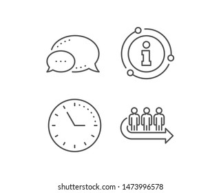 Queue line icon. Chat bubble, info sign elements. People waiting sign. Direction arrow symbol. Linear queue outline icon. Information bubble. Vector