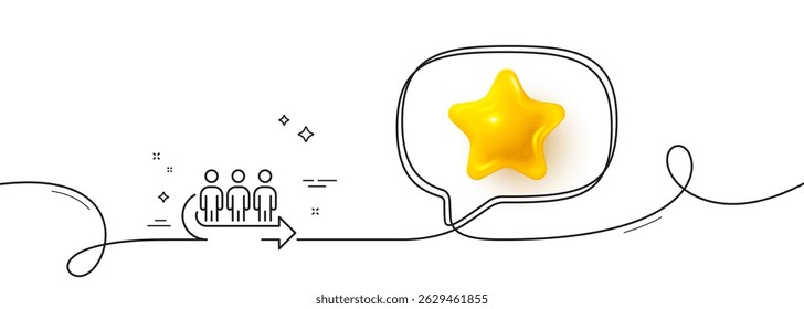 Queue line icon. Continuous line with 3d star. People waiting sign. Direction arrow symbol. 3d star in speech bubble. Queue single line ribbon. Loop curve pattern. Vector