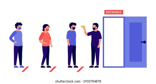 Cola, línea de gente espera la entrada. Comprobación de la temperatura corporal antes de entrar. Grupo de personas mantienen su distancia con máscaras respiratorias. Cola a la entrada, para abrir. Ilustración plana del vector