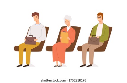 Queue of man and woman candidates with resume vector flat illustration. Smiling applicants with briefcase and document case sit on armchair isolated on white. People at line waiting job interview