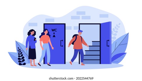 Queue to men and women restrooms. Flat vector illustration. Women waiting at door while man entering public toilet. Hygiene, need, gender concept for banner design or landing page